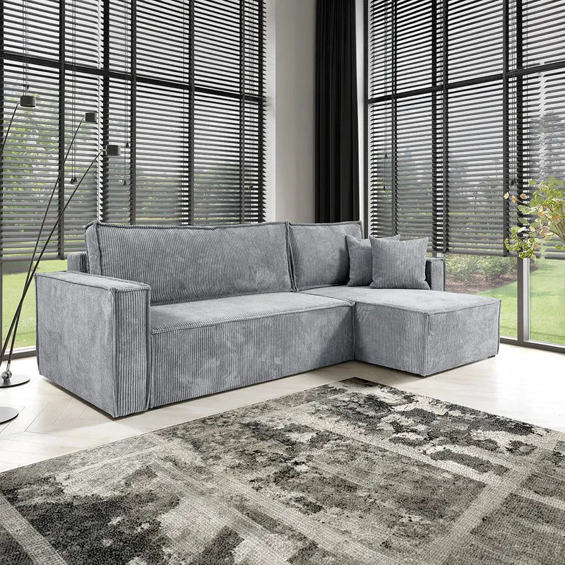 Canapé d'angle réversible convertible 3 places Ezekiel velours côtelé Gris Clair