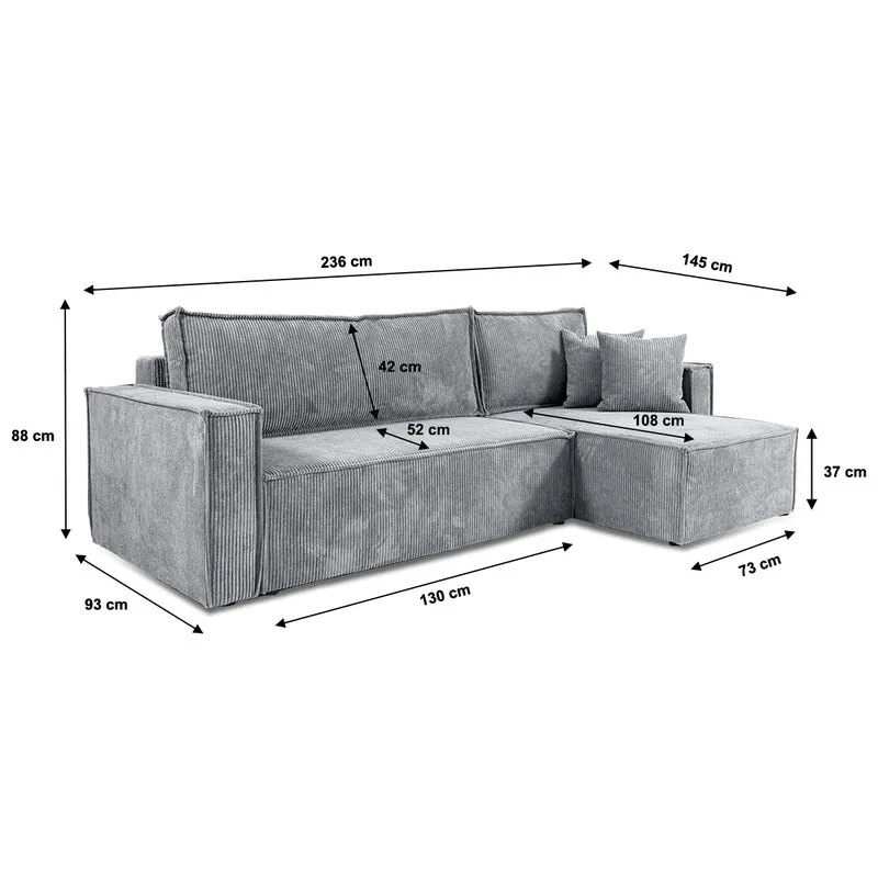 Canapé d'angle réversible convertible 3 places Ezekiel velours côtelé Gris Clair
