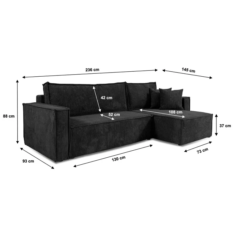 Canapé d'angle réversible convertible 3 places Ezekiel velours côtelé Noir