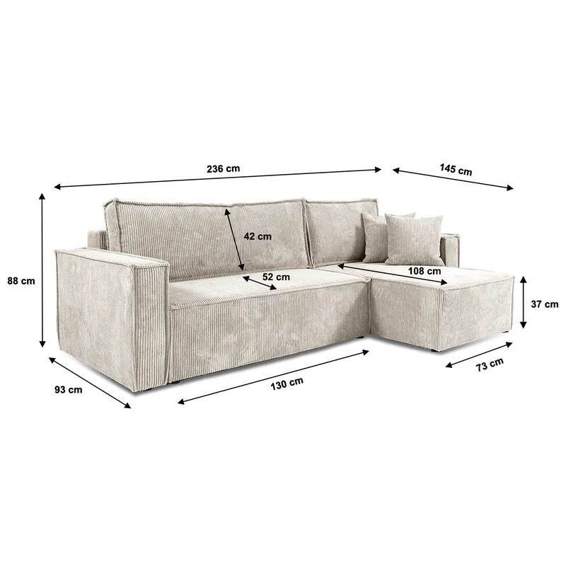 Canapé d'angle réversible convertible 3 places Ezekiel velours côtelé Blanc Cassé