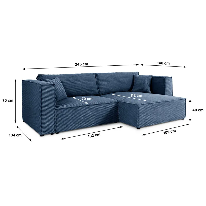 Canapé d'angle réversible convertible 3 places Jimmy velours côtelé Bleu