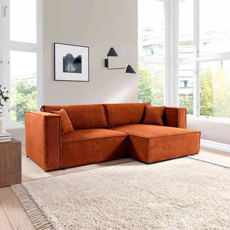Canapé d'angle réversible convertible 3 places Jimmy velours côtelé Terracotta