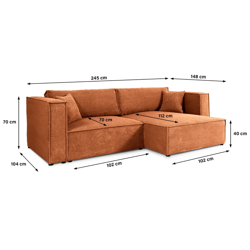 Canapé d'angle réversible convertible 3 places Jimmy velours côtelé Terracotta