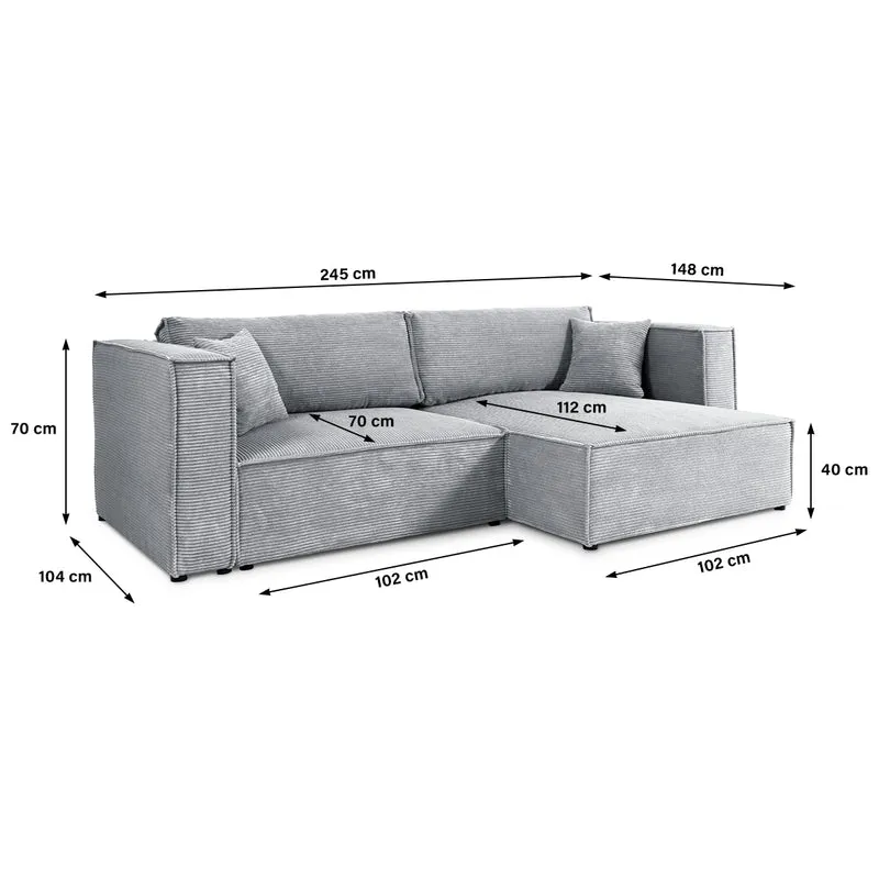 Canapé d'angle réversible convertible 3 places Jimmy velours côtelé Gris Clair