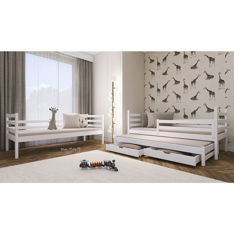 Lit superposé 90x200 sommier lit gigogne et tiroirs inclus Léo Blanc