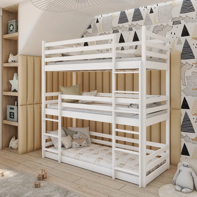 Lit superposé 3 niveaux 90x200 sommier inclus Florent Blanc
