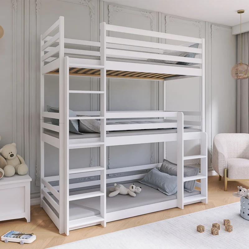 Lit superposé 3 niveaux 90x200 sommier inclus Florent Blanc