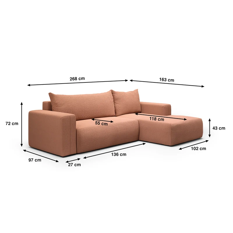 Canapé d'angle convertible droite 3 places coffre Bliss Cuivre