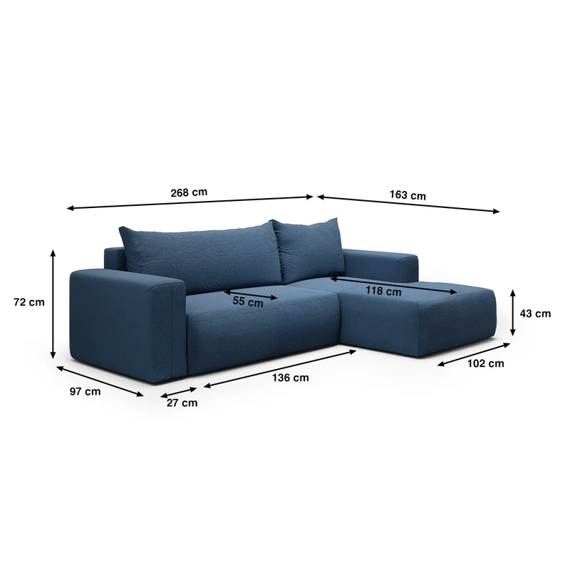 Canapé d'angle convertible droite 3 places coffre Bliss Bleu