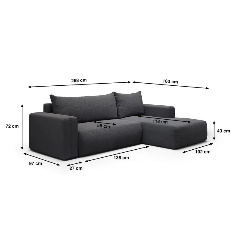 Canapé d'angle convertible droite 3 places coffre Bliss Gris foncé