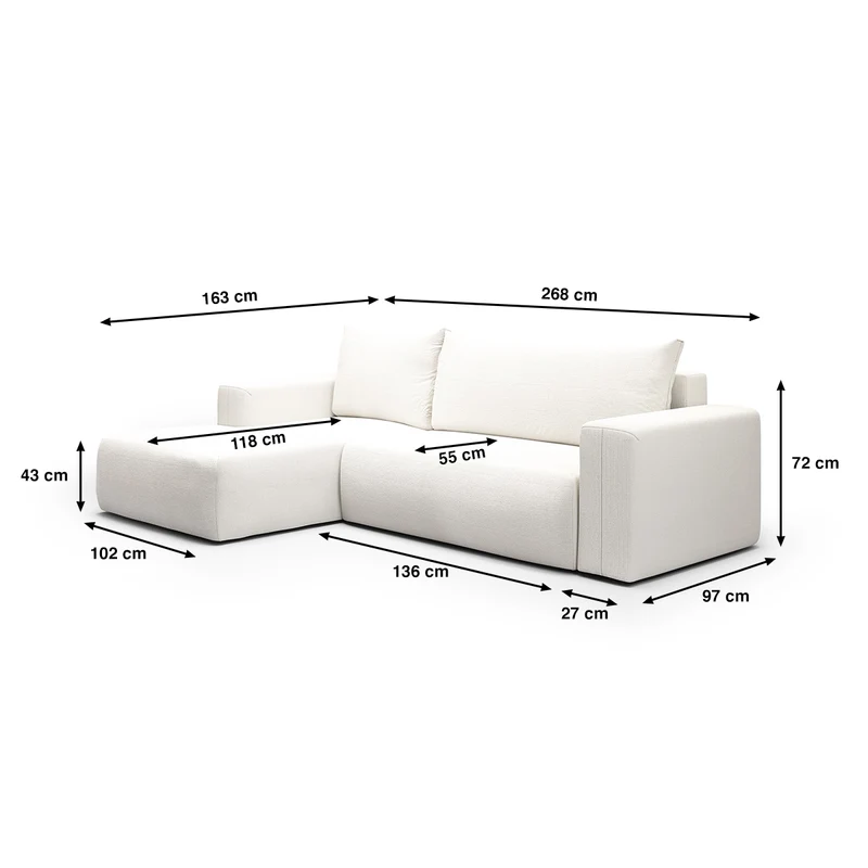 Canapé d'angle convertible gauche 3 places coffre Bliss Blanc Cassé