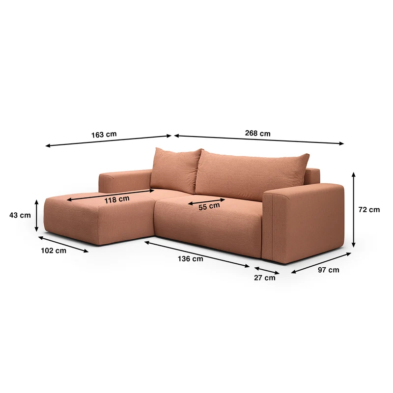 Canapé d'angle convertible gauche 3 places coffre Bliss Cuivre