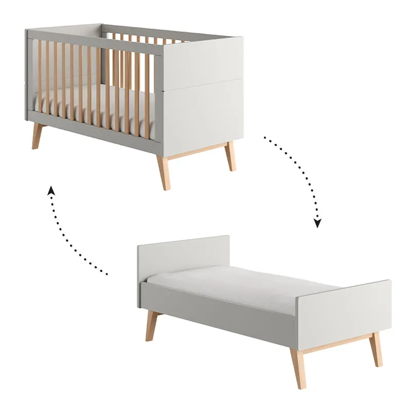 Lit évolutif 70x140 et commode 3 tiroirs Pinio Swing Gris et bois