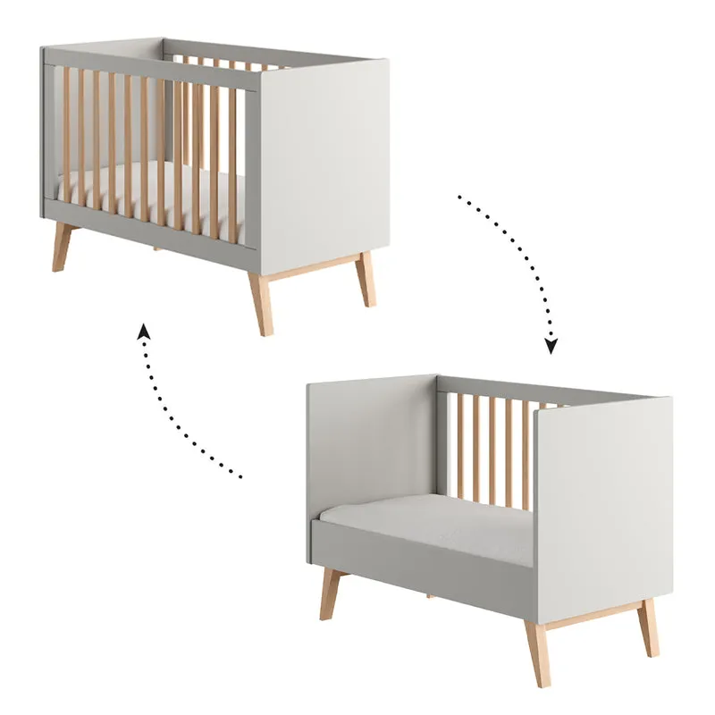 Lit évolutif 60x120 et commode 3 tiroirs Pinio Swing Gris et bois