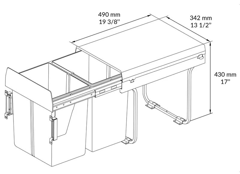 Poubelle coulissante DB 16'' 40L 2 bacs gris avec fixations de façade