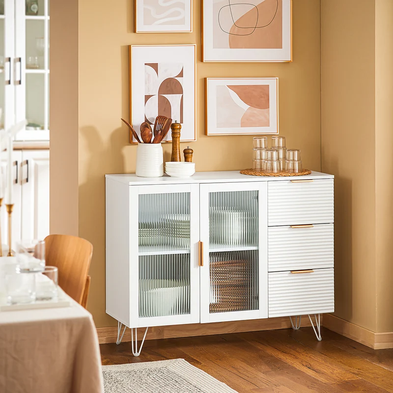 SoBuy FSB86-W Buffet Bas, Commode Armoire de Rangement, Buffet Bahut pour Cuisine Salle à Manger Salon Entrée avec Placard, 3 Tiroirs et 2 Portes Vitrées, 108 x 40 x 85 cm, Blanc