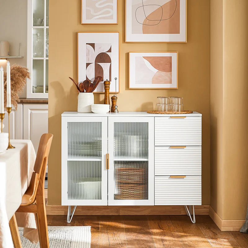 SoBuy FSB86-W Buffet Bas, Commode Armoire de Rangement, Buffet Bahut pour Cuisine Salle à Manger Salon Entrée avec Placard, 3 Tiroirs et 2 Portes Vitrées, 108 x 40 x 85 cm, Blanc