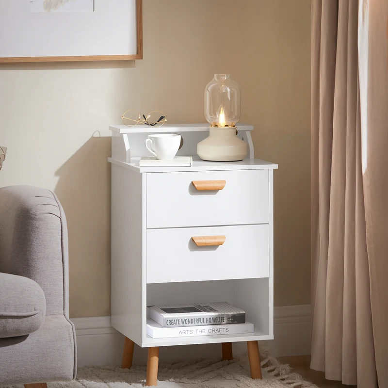 SoBuy FBT125-W Table de Chevet, Table de Nuit, Table d'Appoint, Bout de Canapé avec 1 Étagère, 2 Tiroirs et 1 Compartiment Ouvert