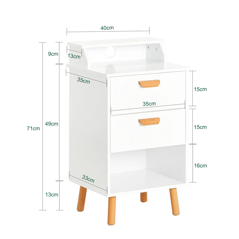 SoBuy FBT125-W Table de Chevet, Table de Nuit, Table d'Appoint, Bout de Canapé avec 1 Étagère, 2 Tiroirs et 1 Compartiment Ouvert