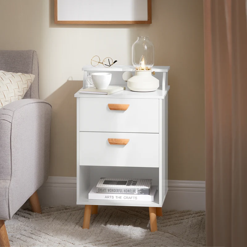 SoBuy FBT125-W Table de Chevet, Table de Nuit, Table d'Appoint, Bout de Canapé avec 1 Étagère, 2 Tiroirs et 1 Compartiment Ouvert