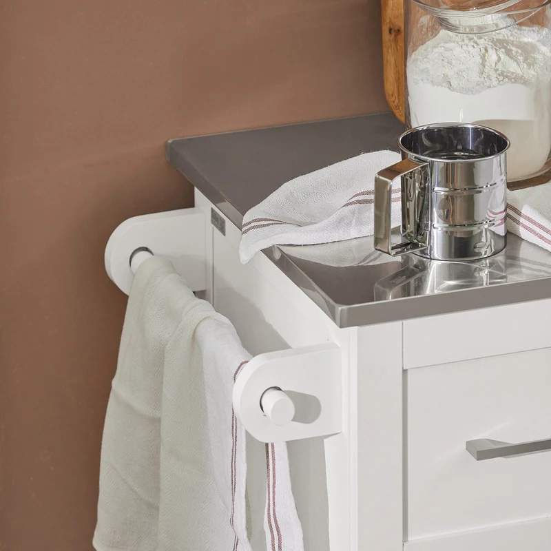 SoBuy FKW30-II-W Desserte sur roulettes, Meuble Chariot de Cuisine de Service Roulant avec 3 tiroir et 1 Grande Armoire de Rangement, Plateau en Acier