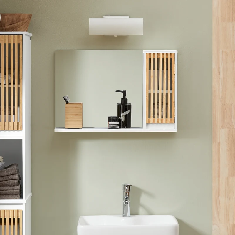 SoBuy BZR128-W Miroir de Salle de Bain avec Étagère Plateau Commode Armoire Murale Miroir Mural Meuble Salle de Bain Suspendue Placard Mural