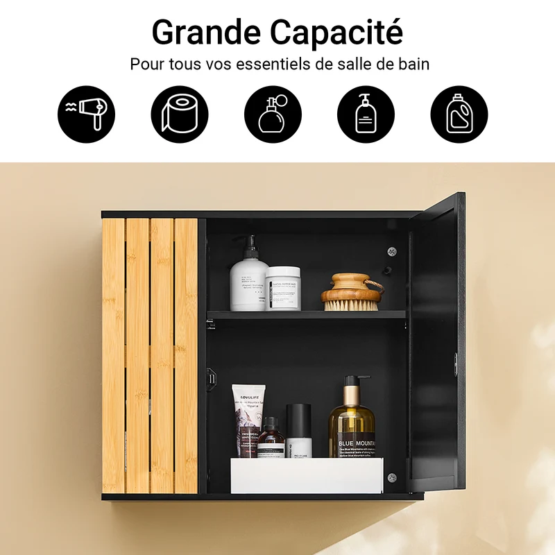SoBuy BZR204-SCH Armoire Murale Salle de Bain avec Miroir, pour Salle de Bain et WC, Rangement Optimisé, Design Fonctionnel – L50×P20×H45 cm, MDF, Noir