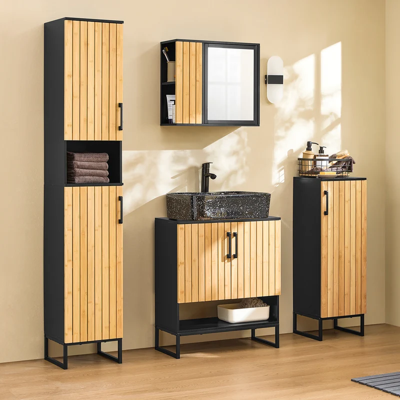 SoBuy BZR203-SCH Meuble Salle de Bain avec Porte Bambou, Gain de Place, Design Moderne, pour Salle de Bain et WC, Usage Quotidien – L30×P30×H90 cm, Bambou, Noir