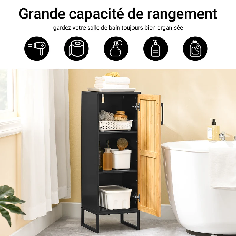 SoBuy BZR203-SCH Meuble Salle de Bain avec Porte Bambou, Gain de Place, Design Moderne, pour Salle de Bain et WC, Usage Quotidien – L30×P30×H90 cm, Bambou, Noir