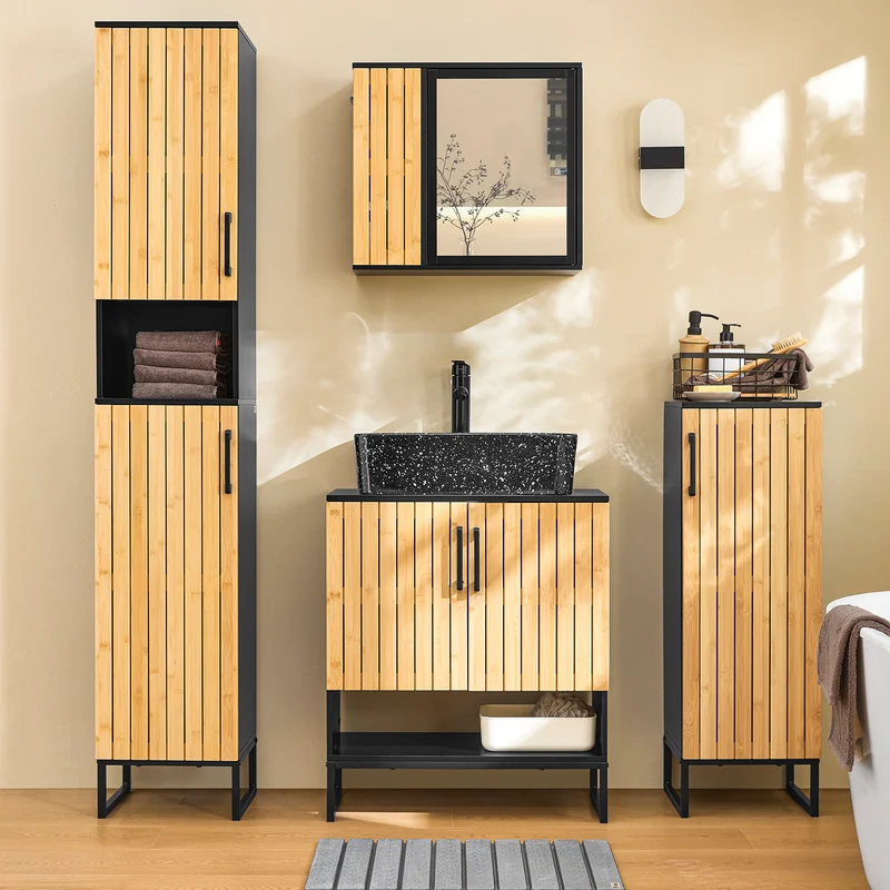 SoBuy BZR201-SCH Colonne Salle de Bain avec Étagères Réglables, Résistant à l’Humidité, pour Salle de Bain et WC, Rangement Optimisé, Design Fonctionnel – Noir