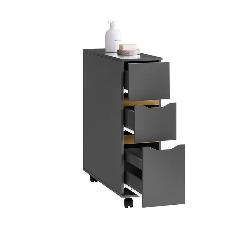SoBuy BZR191-DG Meuble de Rangement Salle de Bain Étroit sur roulettes, Support Papier Toilette avec roulettes, Armoire Toilettes WC Compact, 3 Tiroirs