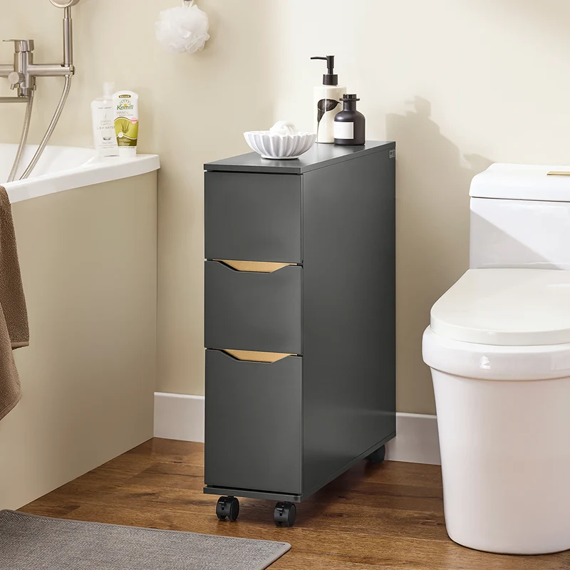SoBuy BZR191-DG Meuble de Rangement Salle de Bain Étroit sur roulettes, Support Papier Toilette avec roulettes, Armoire Toilettes WC Compact, 3 Tiroirs