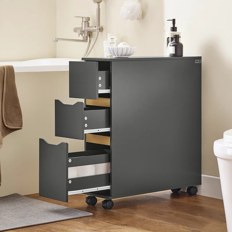 SoBuy BZR191-DG Meuble de Rangement Salle de Bain Étroit sur roulettes, Support Papier Toilette avec roulettes, Armoire Toilettes WC Compact, 3 Tiroirs
