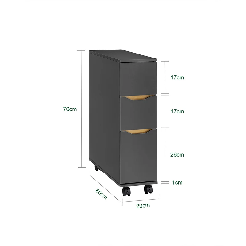 SoBuy BZR191-DG Meuble de Rangement Salle de Bain Étroit sur roulettes, Support Papier Toilette avec roulettes, Armoire Toilettes WC Compact, 3 Tiroirs