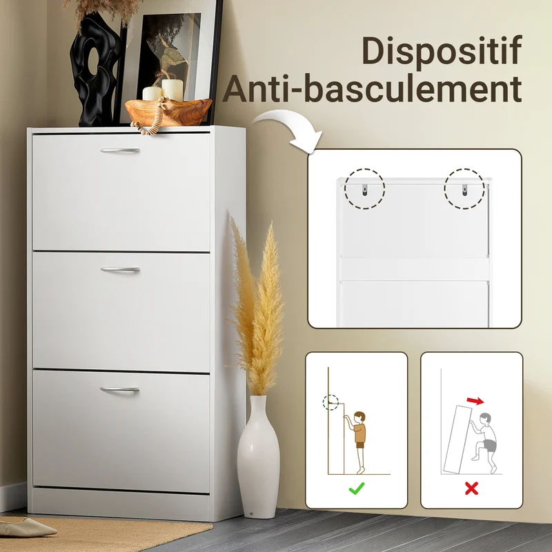 SoBuy FSR110-W Meuble d'Entrée avec 3 Abattants + Placard Rangement Chaussures - Meuble à Chaussures pour Couloir, Studio ou Appartement - Blanc 71x24x111cm