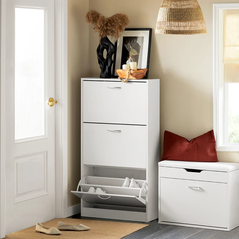 SoBuy FSR110-W Meuble d'Entrée avec 3 Abattants + Placard Rangement Chaussures - Meuble à Chaussures pour Couloir, Studio ou Appartement - Blanc 71x24x111cm