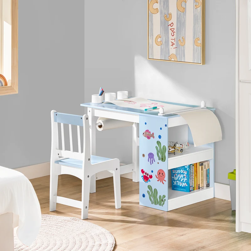 SoBuy KMB60-B Ensemble Table et Chaise pour Enfants Set de 2 Pièces avec Autocollants DIY Bureau pour Enfants avec 3 Porte-Crayons Bleu et Blanc