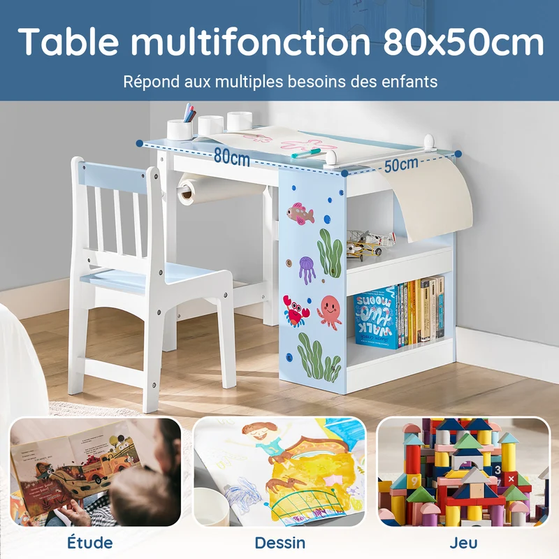 SoBuy KMB60-B Ensemble Table et Chaise pour Enfants Set de 2 Pièces avec Autocollants DIY Bureau pour Enfants avec 3 Porte-Crayons Bleu et Blanc