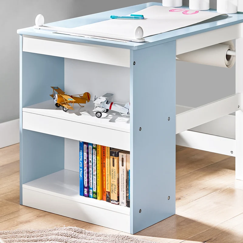 SoBuy KMB60-B Ensemble Table et Chaise pour Enfants Set de 2 Pièces avec Autocollants DIY Bureau pour Enfants avec 3 Porte-Crayons Bleu et Blanc