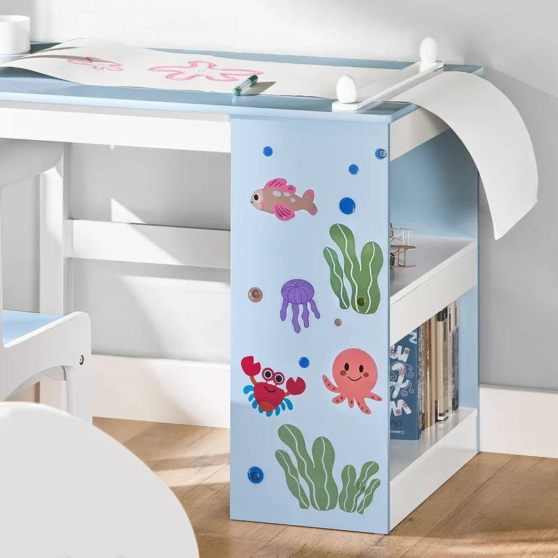 SoBuy KMB60-B Ensemble Table et Chaise pour Enfants Set de 2 Pièces avec Autocollants DIY Bureau pour Enfants avec 3 Porte-Crayons Bleu et Blanc