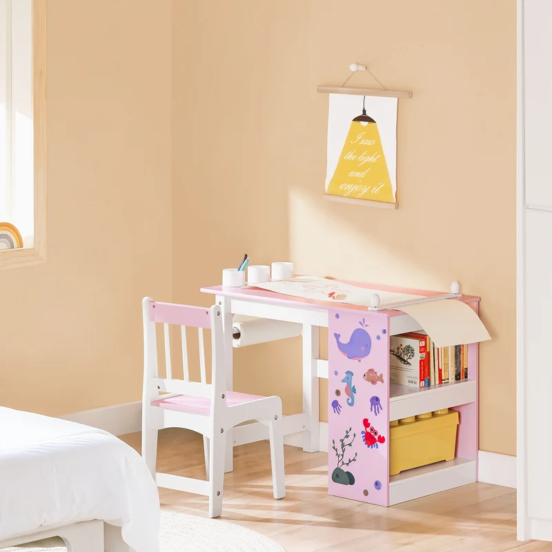 SoBuy KMB116-P Ensemble Table et Chaise pour Enfants Set de 2 Pièces avec Autocollants DIY Bureau pour Enfants avec 3 Porte-Crayons Rose et Blanc