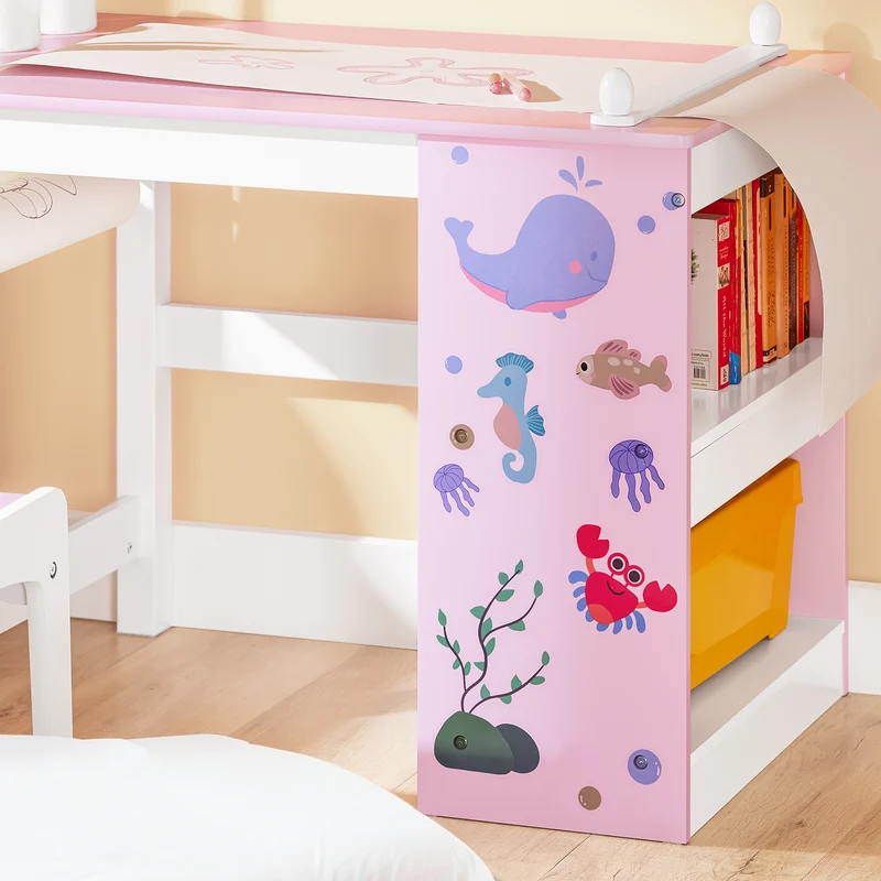 SoBuy KMB116-P Ensemble Table et Chaise pour Enfants Set de 2 Pièces avec Autocollants DIY Bureau pour Enfants avec 3 Porte-Crayons Rose et Blanc