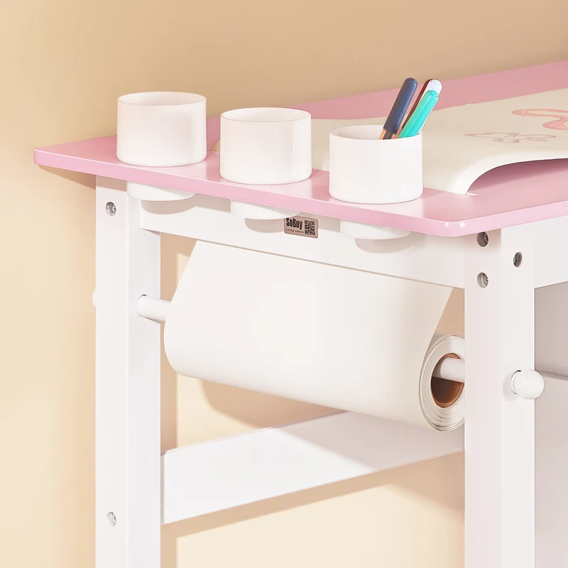 SoBuy KMB116-P Ensemble Table et Chaise pour Enfants Set de 2 Pièces avec Autocollants DIY Bureau pour Enfants avec 3 Porte-Crayons Rose et Blanc
