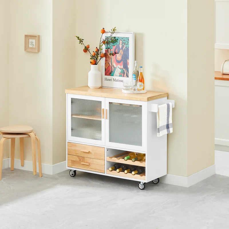 SoBuy FKW114-WN Îlot Central de Cuisine Buffet avec Plateau en Bois d'Hévéa, Porte-Bouteilles à 2 Niveaux