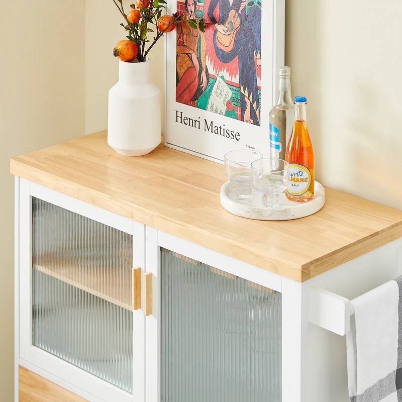 SoBuy FKW114-WN Îlot Central de Cuisine Buffet avec Plateau en Bois d'Hévéa, Porte-Bouteilles à 2 Niveaux