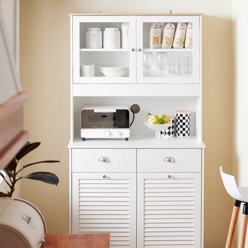 SoBuy FSB101-W Buffet Cuisine avec 3 Portes, 2 Tiroirs et Compartiment à Poubelle, Design Moderne, pour Cuisine et Salle à Manger – L92×P40×H180 cm, Blanc