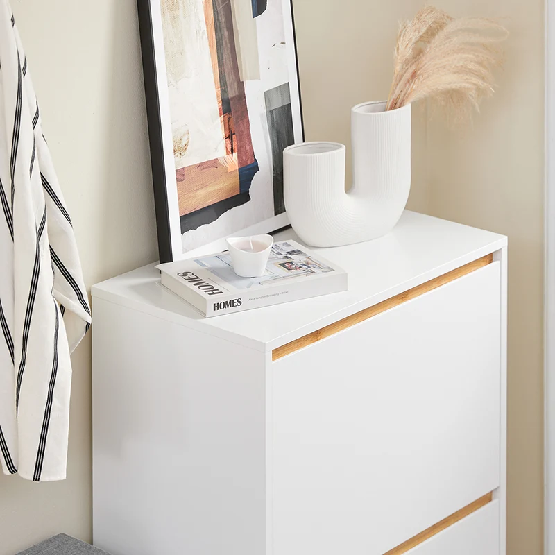SoBuy FSR193-WN Meuble à Chaussures à Abattants 2 Niveaux – Rangement Familial pour Entrée – 60x34x91 cm Blanc et Bois