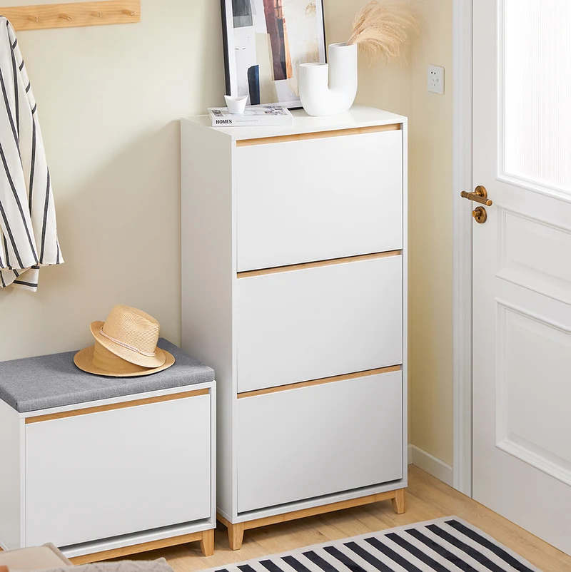 SoBuy FSR192-WN Armoire à Chaussures 3 Abattants, Rangement pour Entrée Couloir – 60x34x122 cm, Blanc et Naturel