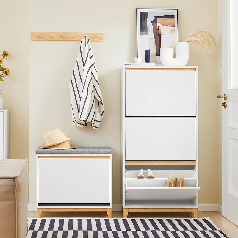 SoBuy FSR192-WN Armoire à Chaussures 3 Abattants, Rangement pour Entrée Couloir – 60x34x122 cm, Blanc et Naturel