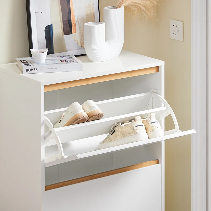 SoBuy FSR192-WN Armoire à Chaussures 3 Abattants, Rangement pour Entrée Couloir – 60x34x122 cm, Blanc et Naturel